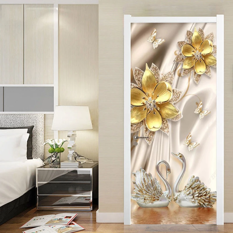 

European Style Door Sticker 3D Flowers Swan Luxury Wallpaper Bedroom Hotel Home Door Decals 3D Paste PVC Self-Adhesive Stickers