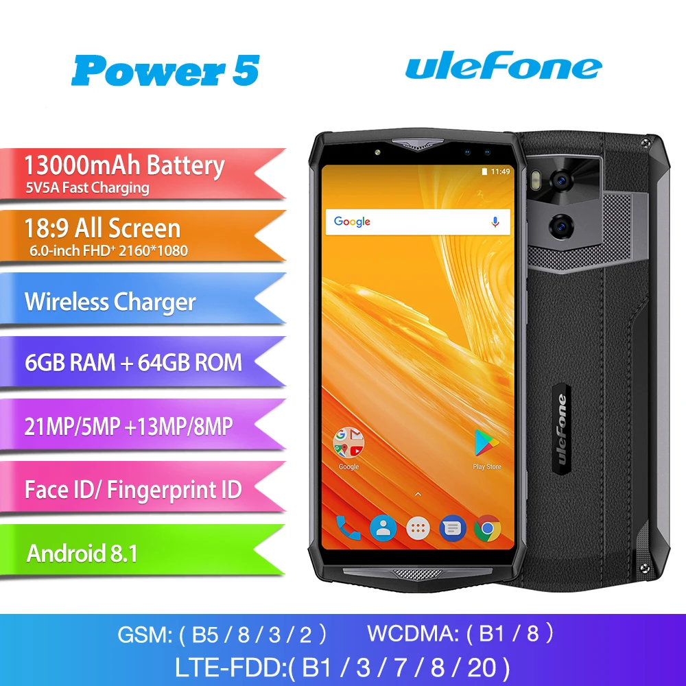 4G Ulefone power 5, Android 8,1, смартфоны, 6,0 дюймов, FHD, четыре ядра, 13000 мА/ч, ram, 6 ГБ rom, 64 ГБ, 21 МП, Беспроводная зарядка, Face ID, две sim-карты