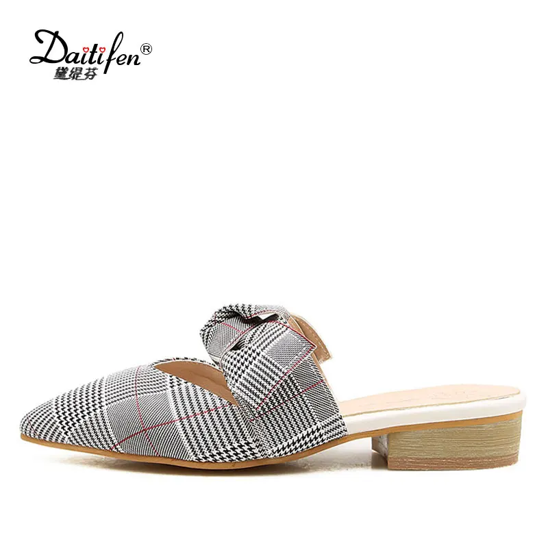 red plaid mule shoes