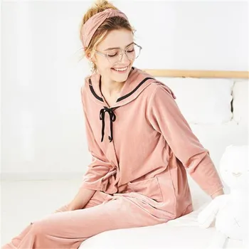 

2019 Cute women night suit long sleeve sleepwear Autumn Gold velvet two-piece suits ladies casual turn-down collar homewear RU
