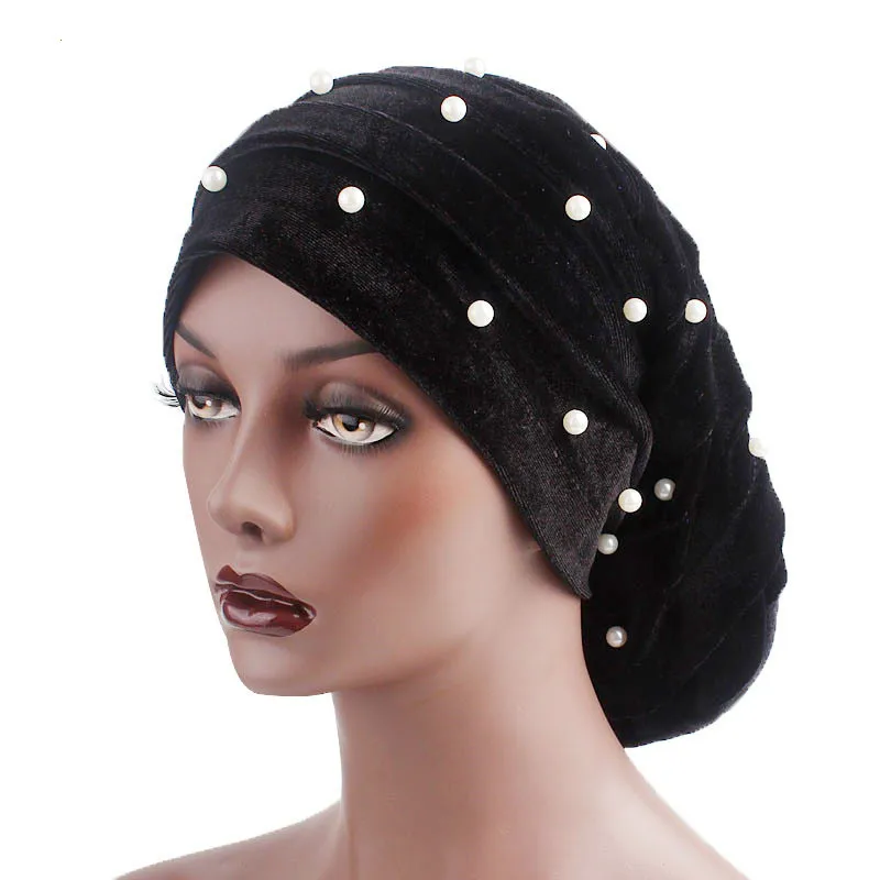 Bandanas Pearled Ruffle Baggy Hat Women Velvet Stretch Turban Cap for