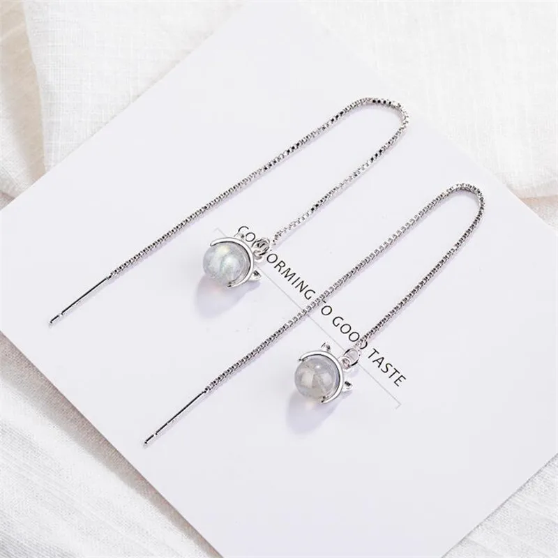 

New Cute Animal Long Section Fashion 925 Sterling Silver Jewelry Ear Line Personality Cat Ear Crystal Dangle Earrings SE507