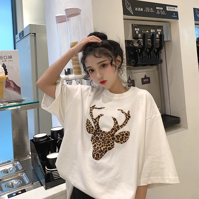 Летние Harajuku Стиль принт головы оленя для женщин футболки свободные Ins с коротким