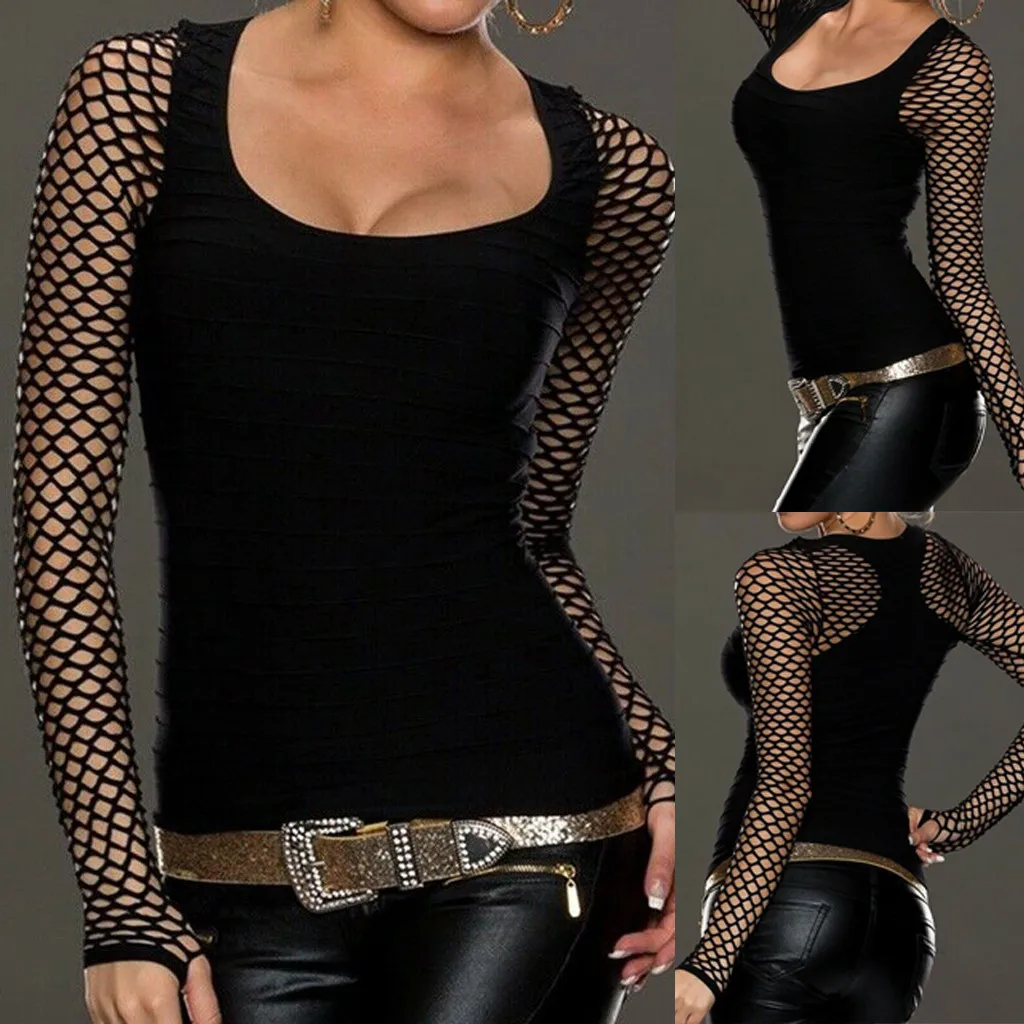 

2019 Tshirt Women Harajuku Slim Low Cut Long Sleeve Net Tops Punk Rock Gothic Fishnet Camisetas Verano Mujer Top Women T Shirt