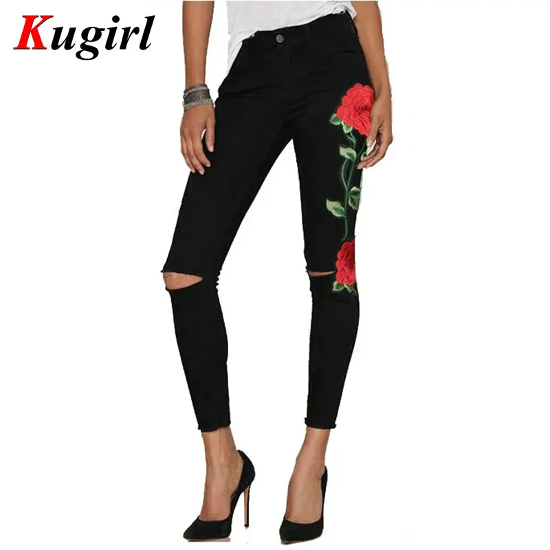 New 2017 Women's Vintage Embroider Flowers jeans High