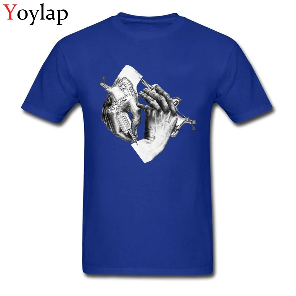 Casual Men Escher Tattoo T Shirt Wholesale Summer/Autumn Short Sleeve O-Neck All Cotton Tops Tees Funny Clothing Shirt blue