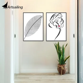 

Wall Art Modern Nordic Style Canvas Painting Pictures Leaf Cool Girl Head for Living Room Home Decor Giclee HD Prints
