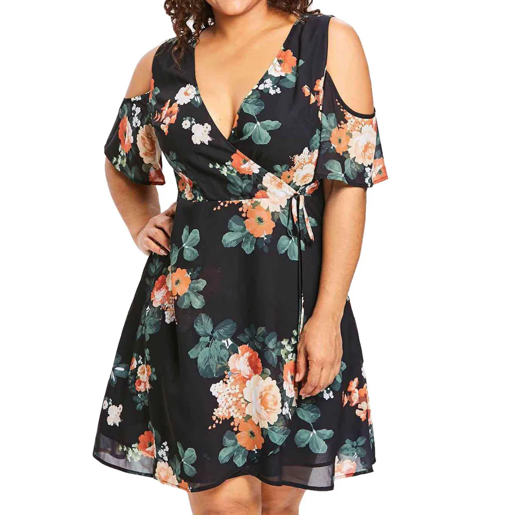 

JAYCOSIN new girl Loose print sundress bohemian knee-length polyester boho V- neck polyester Off the shoulder plus dress Y531