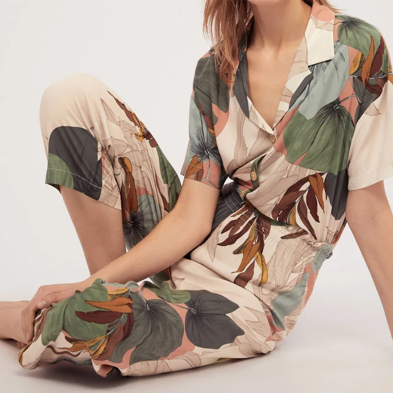 En Ligne Dames pyjamas ensemble glace soie été manches longues col impression haut soie coton imprimé ensemble maison vêtements deux pièces ensemble