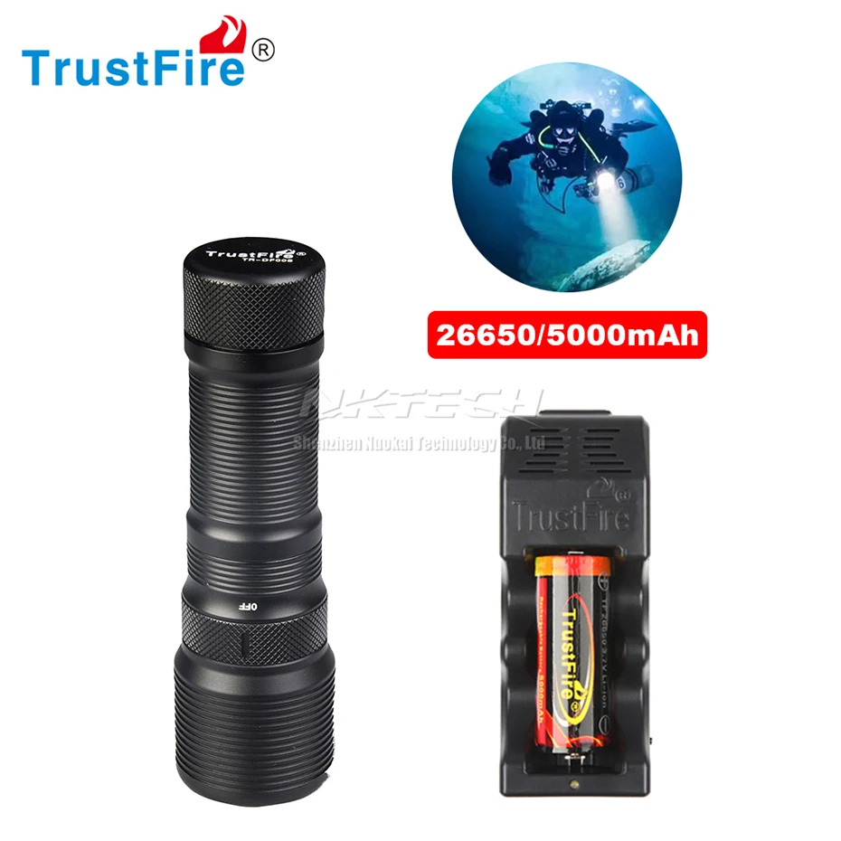 TrustFire DF-008 Дайвинг фонарик 100 м XM-L2 СВЕТОДИОДНЫЙ Магнитный контроль поворотный переключатель фонарь IP-X8 подводный погружение свет 3 режима - Испускаемый цвет: with 5000mAh Charger