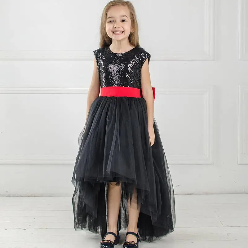 Модное платье с блестками для детей платья девочек черным бантом Vestidos 2019 одежда