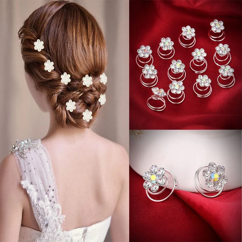 12PCS Women Bride Rhinestone Pearl Hair Pins Twists Coils Flower Spiral Hairpins 