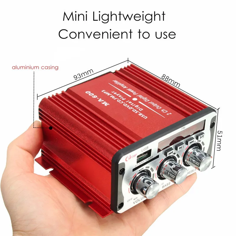 USB SD DVD CD FM MP3 Digital LED Display Motorcycle Car Amplifier 20W+20W 12V Car Audio Amplifier Stereo MA-600