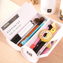 Кавайный чехол для карандаша, двухслойная коробка для ручек с зеркальным калькулятором, белая ручка, щетка для школьных принадлежностей, косметический Чехол