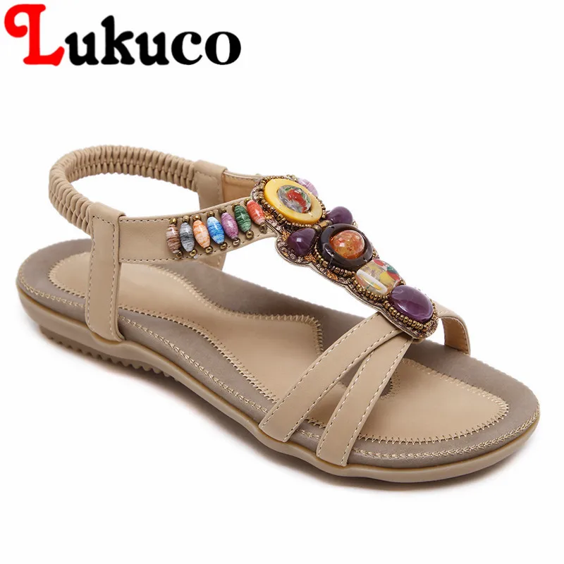 

2018 Lukuco women Bohemian sandals flat heel CN large size 39 40 41 42 43 44 45 crystal decoration lady elastic band shoes