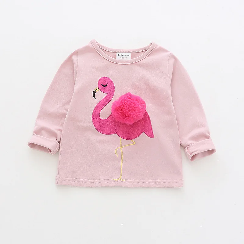 Новая Осенняя футболка для девочек, детская хлопковая Футболка с вышитым фламинго, детская одежда первоклассника для маленьких девочек