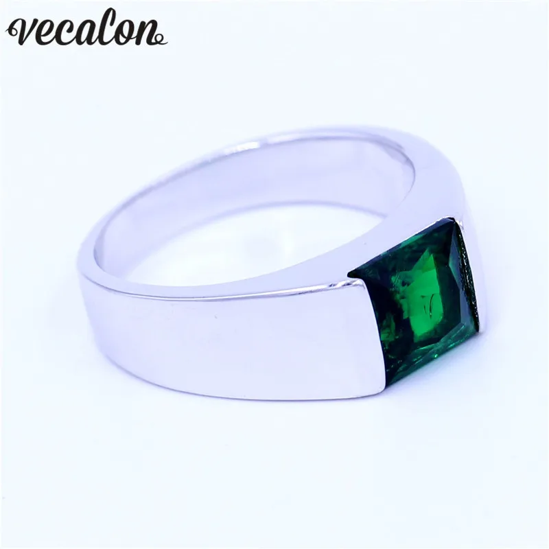 Vecalon, изящный зеленый камень, мужские кольца, огранка принцессы, 3ct, 5A, циркон, Cz, серебро 925 пробы, обручальное кольцо для мужчин