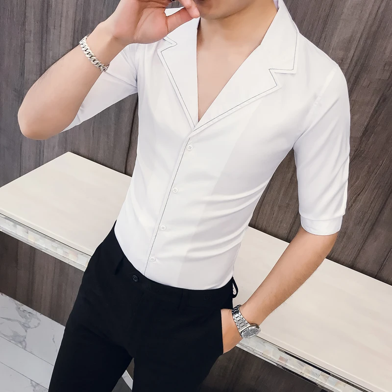 Solid Color Seven-quarter Sleeve Shirt Man Kemeja Pria Camisa Masculina Suit Collar Casual Style Half Sleeve Mens Camisa Hombre - Цвет: White