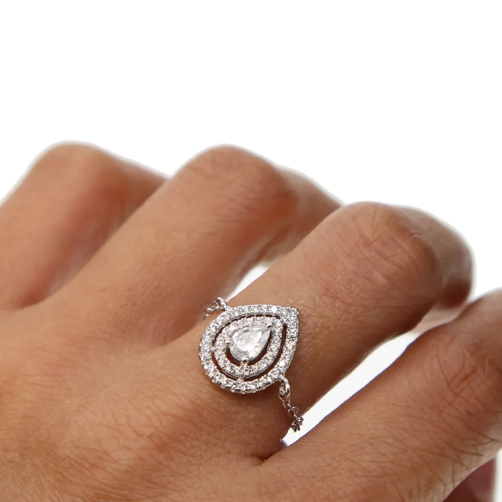 

wedding engagement gift delicate simple thin chain design rings tear drop charm AAA cubic zirconia tear drop ring