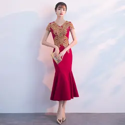 Сексуальное женское тонкое платье-Русалка Cheongsam улучшенное с v-образным вырезом свадебное вечернее платье традиционная вышивка цветок