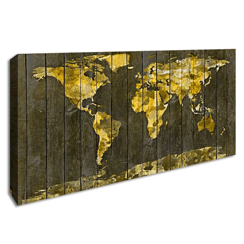 

Yellow Retro World Map Art Poster Canvas Print Wood Grain Map Wall Picture for Living Room Framed Decorative Painting Home Decor