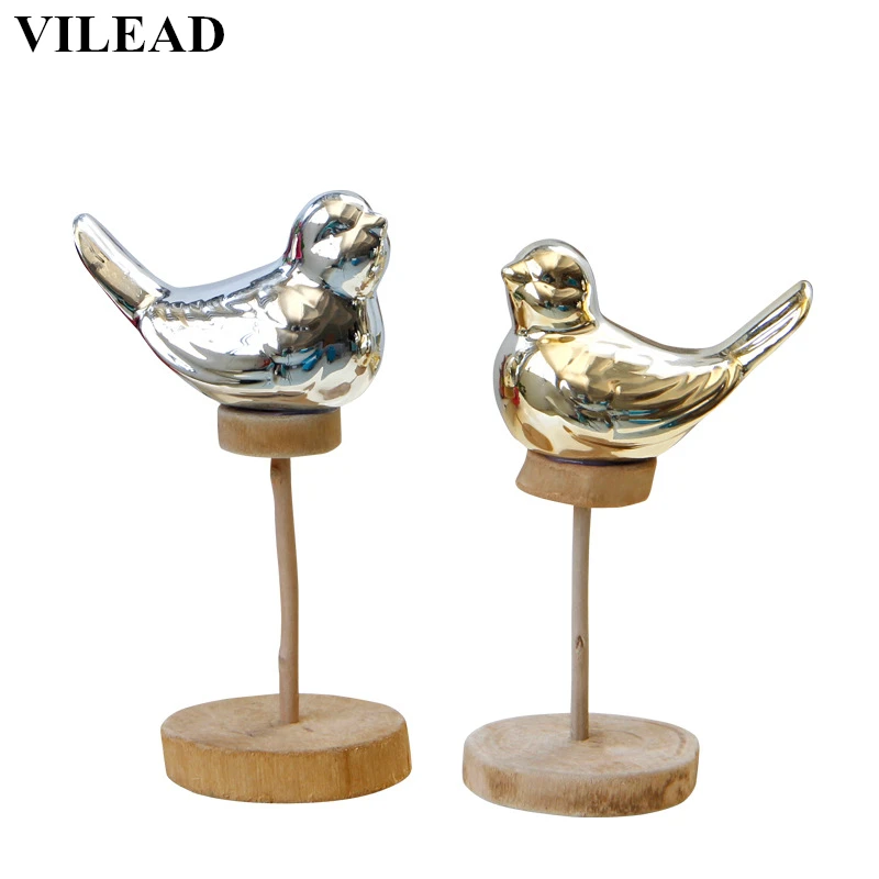 

VILEAD 5.5'' Height Wood Base Ceramic Bird Figurines Ceramic Silver Gold Plating Birds Creative Animal Model Ornament Home Decor