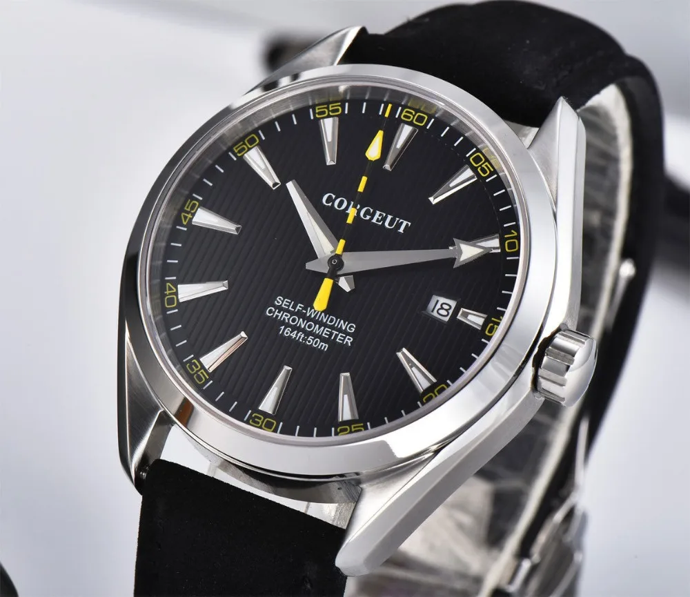 

Corgeut Sapphire crystal Automatic mens Watch with Japan Miyota 821A Movement Leather band stainless steel case