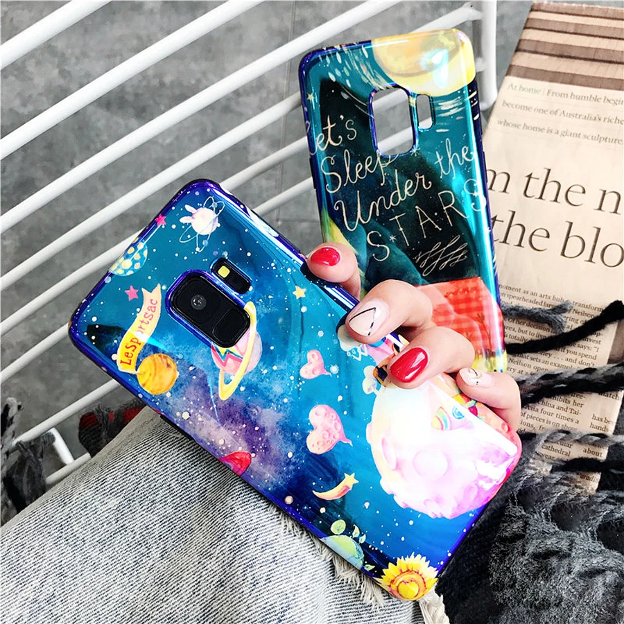 

For samsung galaxy s9 s8 plus s7 edge note 8 note 9 case fashion blue ray relief space planet soft silicon phone bag back cover