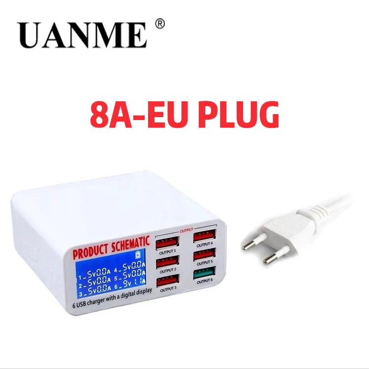 UANME QC3.0 Смарт USB зарядное устройство светодиодный дисплей 6 портов Быстрая зарядка для iPhone iPad samsung huawei Xiaomi Мобильный телефон - Цвет: 40W 8A EU PLUG