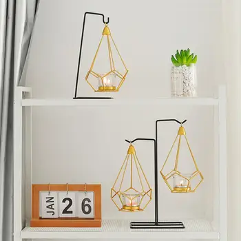 

1Set Nordic Style Gold Geometric Wrought Iron Hanging Candlestick Decoration Home Craft Candle Holder Table Ornament Props