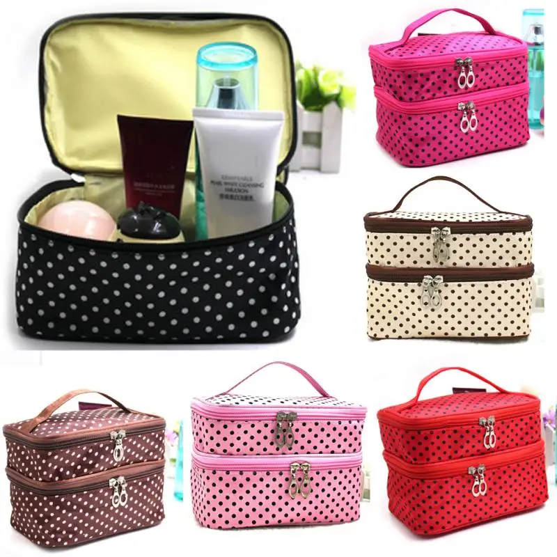 Double Layer Women Travel Toiletry Cosmetic Bag Make Up Case Dots Makeup Tool Storage Bag Multifunctional Organizer#H105