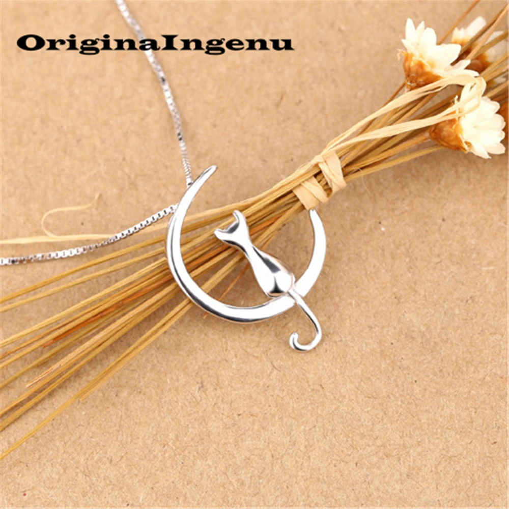 Necklace Choker Cute Funny Cats Moon Pendant Charm 925 Sterling Silver