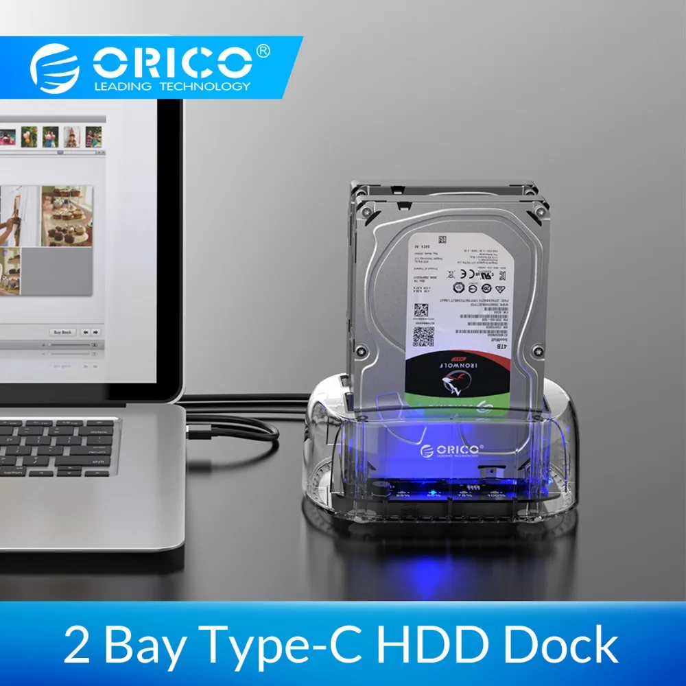 ORICO 2.5/3.5 inch 2 Bay USB C Transparent Hard Drive Enclosure Support 24TB USB3.1 Gen1 HDD