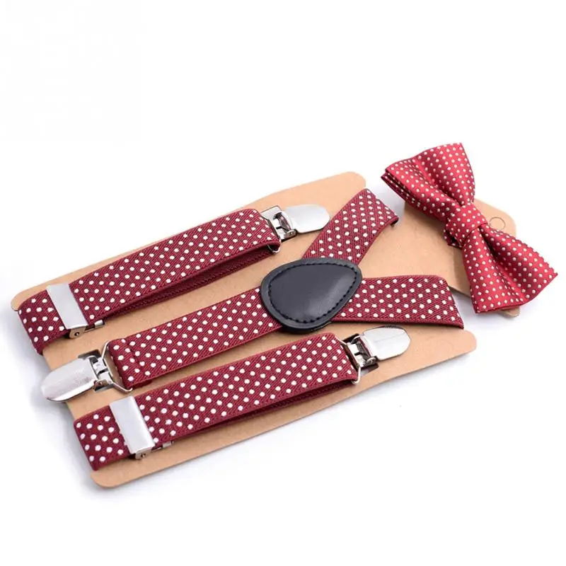 Эластичный комплект с подтяжками и бабочкой для мальчиков и девочек; Детские подтяжки в горошек; галстук-бабочка; пояс на подтяжках;#137 - Цвет: Wine Red