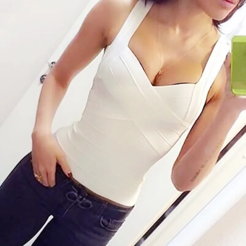 

BEAUKEY 2019 New Sexy Women Crop Tops White Elastic Spaghetti Strap Bandage Vest Tank Tops Plus Size XL Wholesale