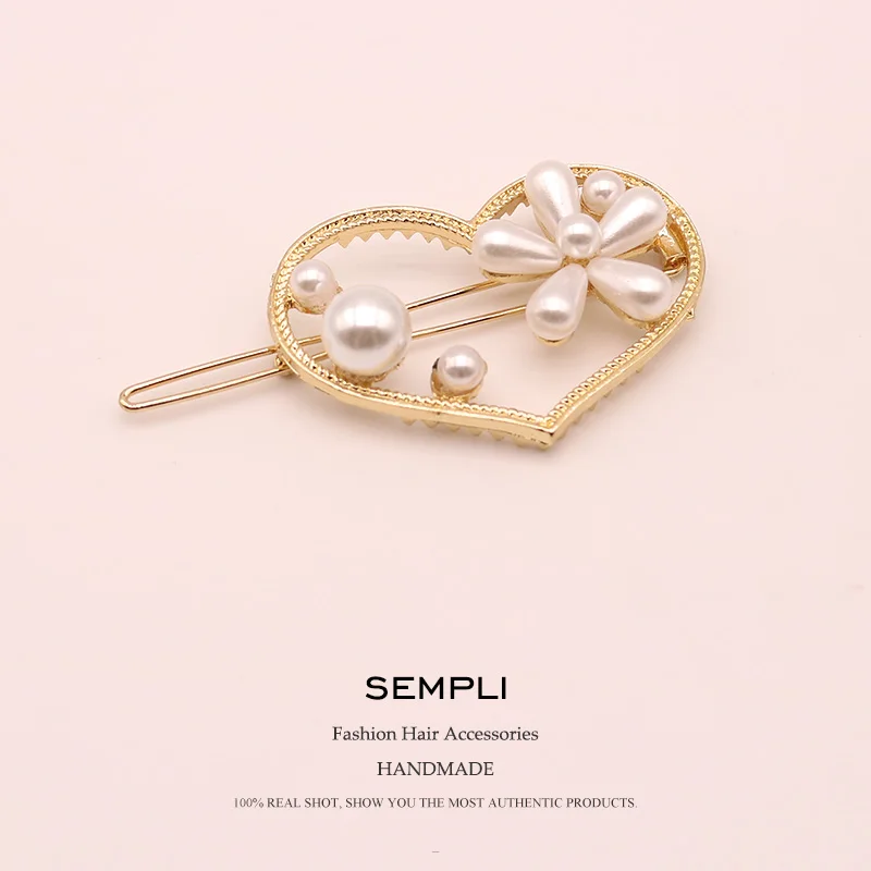 

Sempli Fashion Women Pearl Stylish Hairpin Headwear Love Gold Alloy Lady Hairpin Ponytail Holder Hair Accessories Barrette