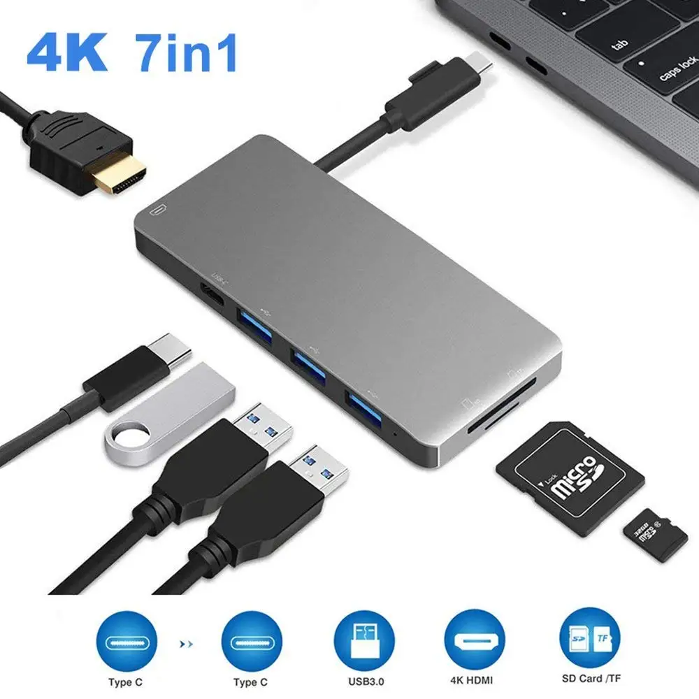 

Type C Hub Adapter with 4K HDMI Output/3 USB 3.0 Ports/SD TF Card Reader/Power Delivery Charging Port for MacBook Pro 2018/17/16