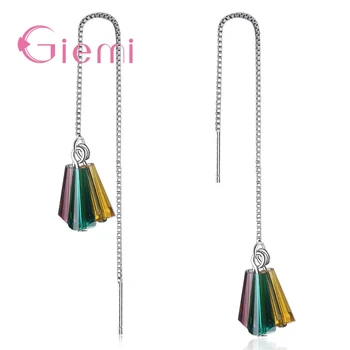 

Fashion Genuine 925 Sterling Silver Colorful Crystals Long Thread Bohemia Dangle Earrings For Women Girls Favorite Jewelry
