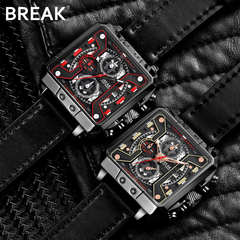 BREAK Men Luxury Brand Fashion Casual Quartz Sport Watches Men's Genuine Leather Square Dial Chronograph Gift Wristwatches