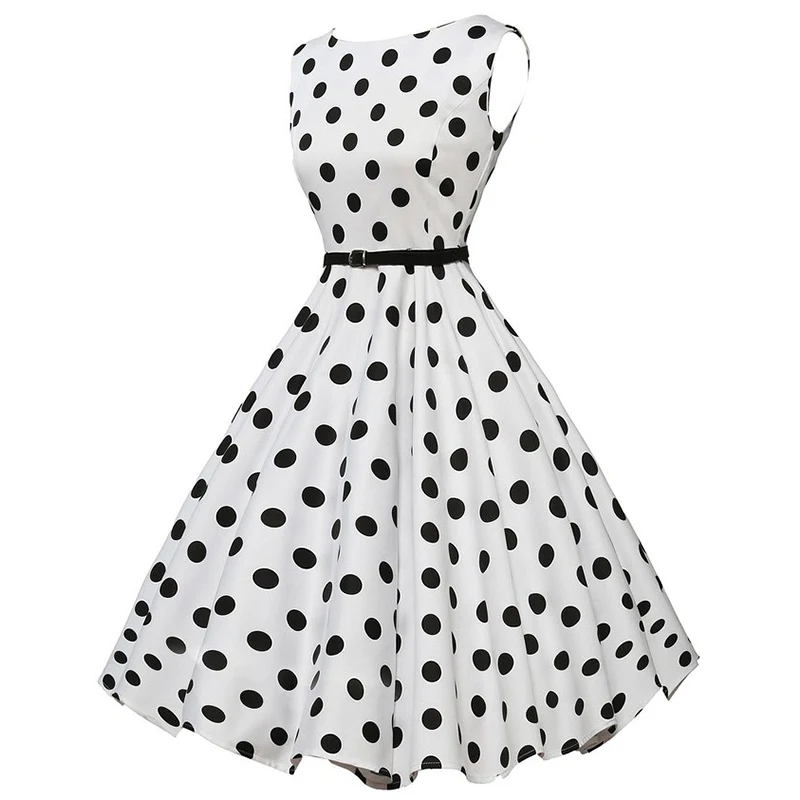Kostlich 2018 Women Dot Printed Big Swing Dress Summer O-Neck Casual Ladies Dresses Hepburn Vintage Dress With Sashes Plus Size  (2)