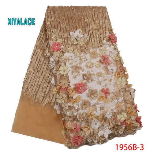 Нигерийская вышитая бисером кружевная ткань Высокое качество африканская 3D чистая Кружевная Ткань Свадебный Французский тюль кружевной материал для платья YA1956B-1 - Цвет: 1956B-3