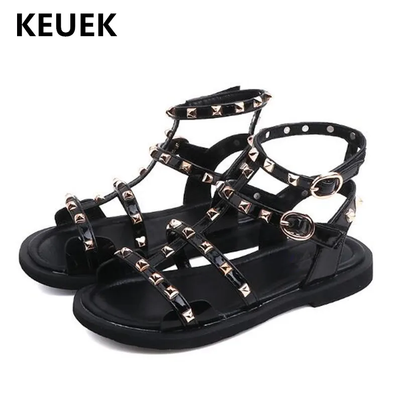 

New Summer Fashion Rivets Gladiator Sandals Girls Princess Shoes Children Baby Flat Black Student Dance Shoes Party Kids 018