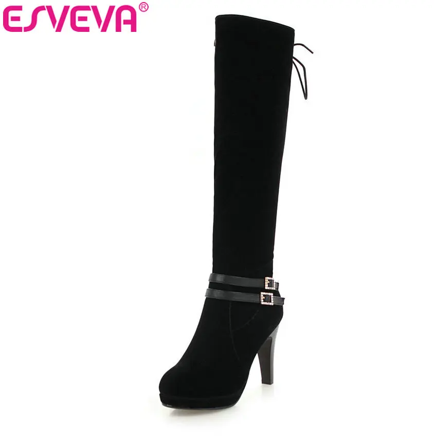 

ESVEVA 2019 Women Knee-high Boots Solid Platform Buckle High Heels Boots Round Toe Concise Autumn Zipper Woman Shoes Size 34-43