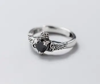 

Thail Silver Vintage 100% Authentic REAL.925 Sterling Silver Black CZ Heart with Crown Angel Wings Feather Bird Rings GTLJ1552