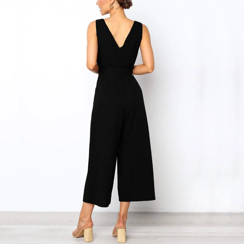 DORVIVON Rompers Womens Jumpsuit 2019 Button Summer V-Neck Loose Casual Pockets Bandage Jumpsuit Overalls Salopette Femme
