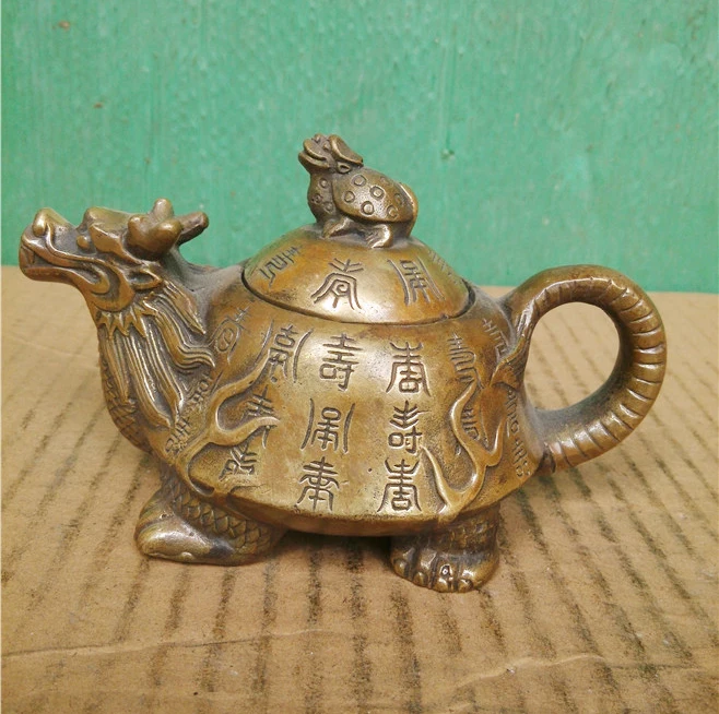 

TOP collection # Home OFFICE Decor art - good Vintage CHINA Dragon Turtle sculpture ART bronze teapot mini pot -FREE SHIPPING
