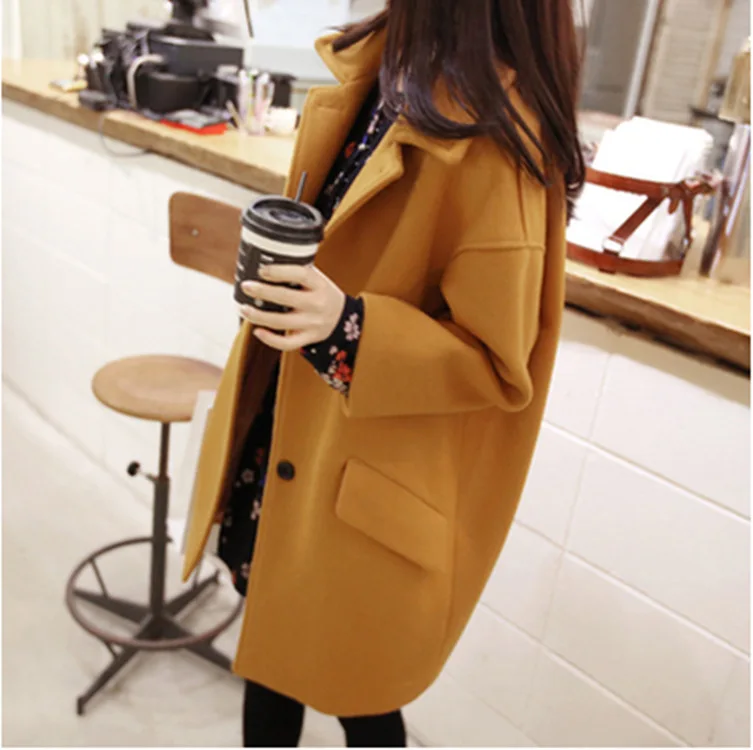 

Casual Loose Women Long Winter Wool Blend Coat Single Breasted Wool Coat and Jacket Turn-down Collar Outerwear