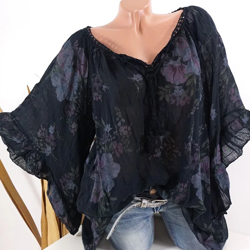 Large size women's blouse 2019 autumn large size V-neck bat sleeve lace collar print shirt