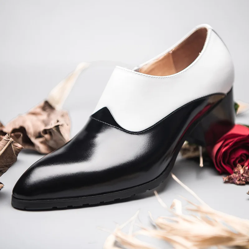 NEW ! Size 37-44 Classical Black And White Mixed Colors Men Hight Heel Shoes Trendy Pointed Toe Zip Oxfordes Business Man Heels