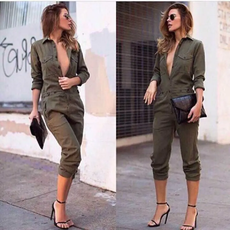 

Sexy Women New Fashion Slim Bodycon Jumpsuit Long Sleeve Army Green Solid Casual Bodysuit Ladies Vintage Romper Long Jumpsuit